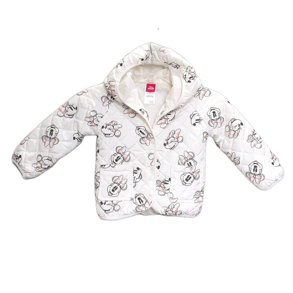 Disney Minnie Mouse Off-White Quilted Puffer Jacket Toddler Girl Hooded Coat 3T